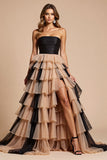 Black and Pink Tulle Ball Gown Ruffled Long Formal Dress with Slit