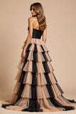 Black and Pink Tulle Ball Gown Ruffled Long Formal Dress with Slit