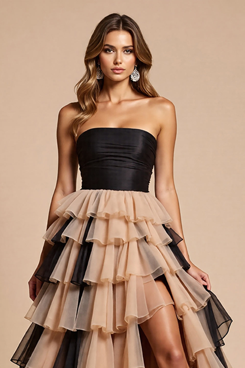 Black and Pink Tulle Ball Gown Ruffled Long Formal Dress with Slit