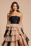 Black and Pink Tulle Ball Gown Ruffled Long Formal Dress with Slit