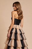 Black and Pink Tulle Ball Gown Ruffled Long Formal Dress with Slit