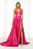 Fuchsia Satin Cut Out A Line V-Neck Long Formal Dress with Slit