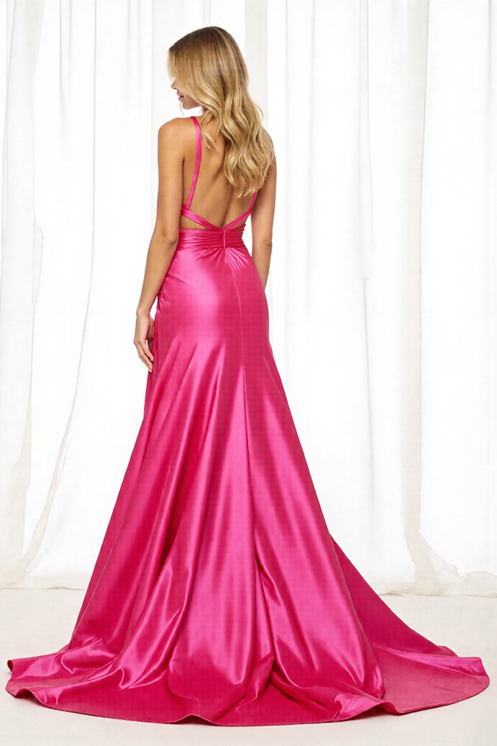 Fuchsia Satin Cut Out A Line V-Neck Long Formal Dress with Slit