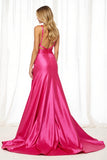Fuchsia Satin Cut Out A Line V-Neck Long Formal Dress with Slit