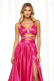 Fuchsia Satin Cut Out A Line V-Neck Long Formal Dress with Slit