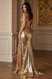 Metallic Golden Sheath Long Formal Dress with Slit