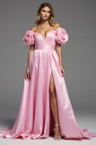 Pink Satin A Line Long Floral Formal Dress with Slit