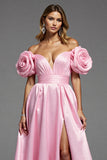Pink Satin A Line Long Floral Formal Dress with Slit
