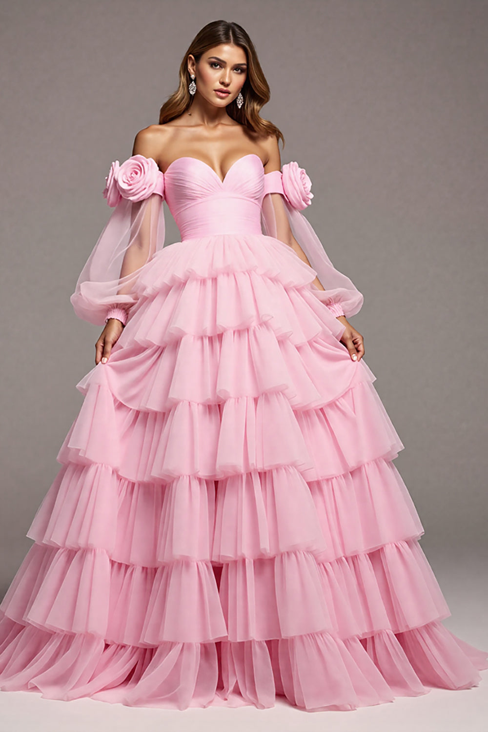 Floral Pink Ruffled Tulle Tiered Ball Gown Long Formal Dress