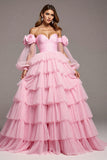 Floral Pink Ruffled Tulle Tiered Ball Gown Long Formal Dress