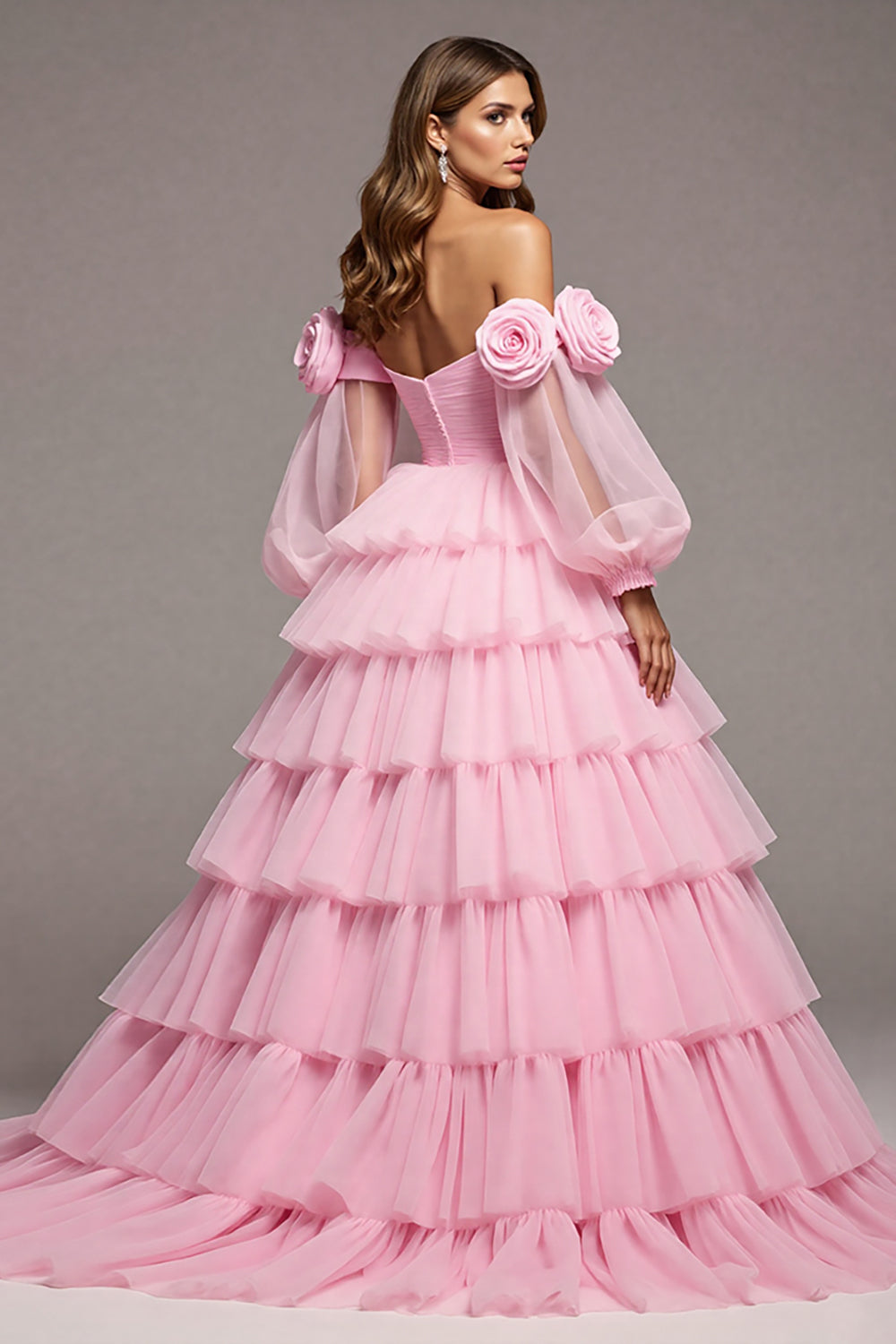 Floral Pink Ruffled Tulle Tiered Ball Gown Long Formal Dress