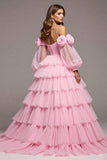 Floral Pink Ruffled Tulle Tiered Ball Gown Long Formal Dress