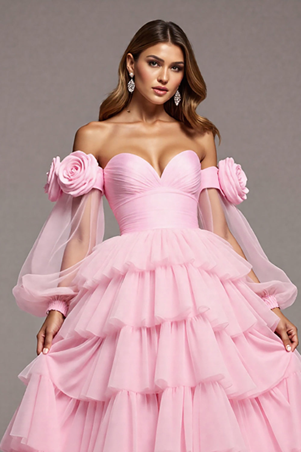 Floral Pink Ruffled Tulle Tiered Ball Gown Long Formal Dress