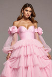 Floral Pink Ruffled Tulle Tiered Ball Gown Long Formal Dress