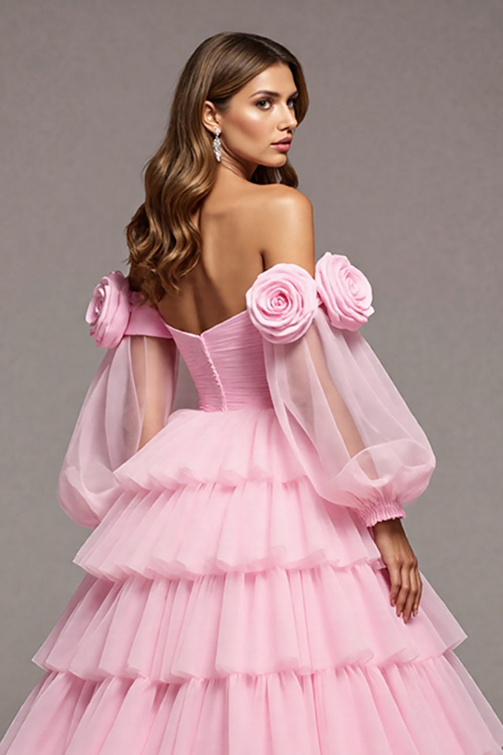 Floral Pink Ruffled Tulle Tiered Ball Gown Long Formal Dress