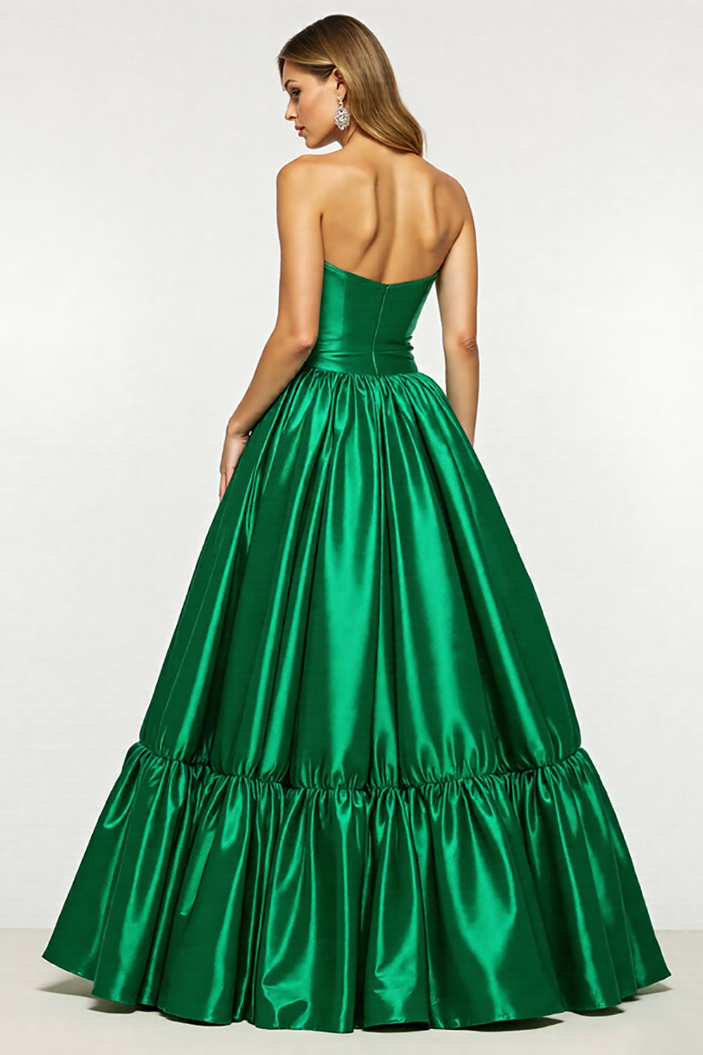 Dark Green Satin Ruffled A Line Strapless Long Formal Dress with Slit