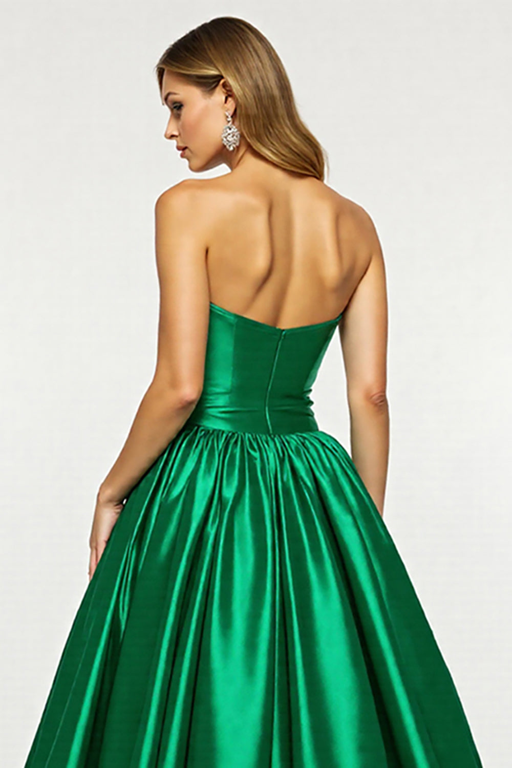 Dark Green Satin Ruffled A Line Strapless Long Formal Dress with Slit