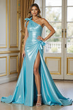 Blue Mermaid One Shoulder Long Satin Formal Dress with Slit