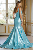 Blue Mermaid One Shoulder Long Satin Formal Dress with Slit