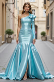 Blue Mermaid Satin Ruffled One Shoulder Long Formal Dress