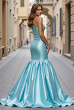 Blue Mermaid Satin Ruffled One Shoulder Long Formal Dress