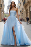 Blue Tulle Strapless Long A Line Formal Dress with Slit
