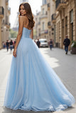 Blue Tulle Strapless Long A Line Formal Dress with Slit