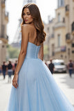 Blue Tulle Strapless Long A Line Formal Dress with Slit