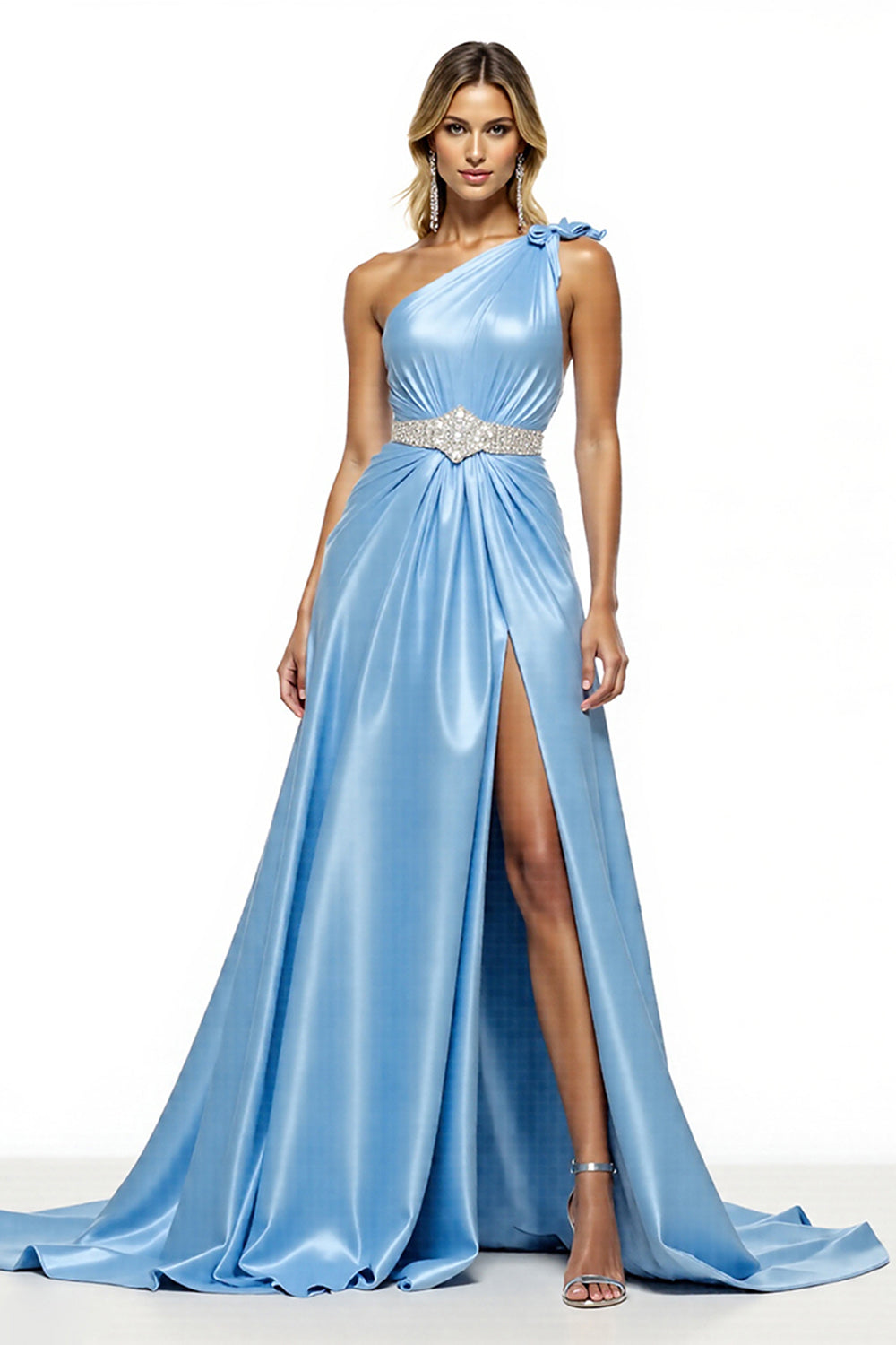 Sparkly Blue Satin One Shoulder A Line Long Formal Dress with Slit