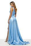Sparkly Blue Satin One Shoulder A Line Long Formal Dress with Slit