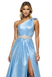 Sparkly Blue Satin One Shoulder A Line Long Formal Dress with Slit