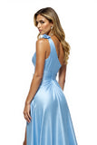 Sparkly Blue Satin One Shoulder A Line Long Formal Dress with Slit