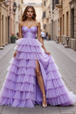 Purple Tulle Ball Gown Ruffled Long Formal Dress with Slit