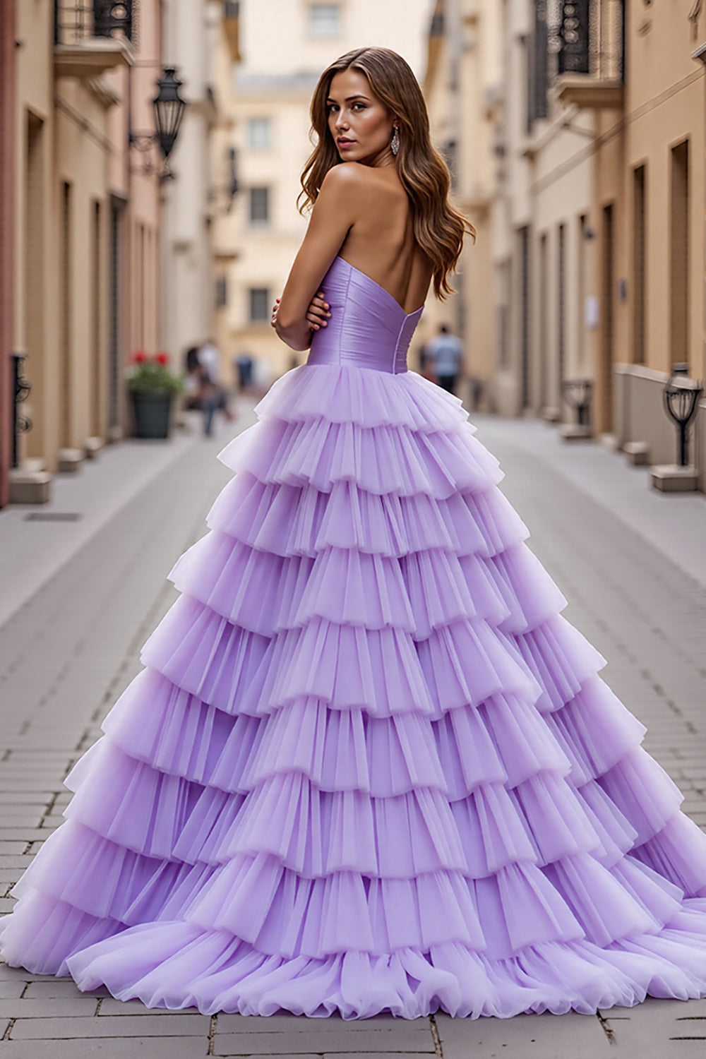 Purple Tulle Ball Gown Ruffled Long Formal Dress with Slit