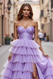 Purple Tulle Ball Gown Ruffled Long Formal Dress with Slit