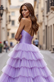 Purple Tulle Ball Gown Ruffled Long Formal Dress with Slit