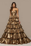 Golden Metallic Ball Gown Strapless Ruffled Long Formal Dress