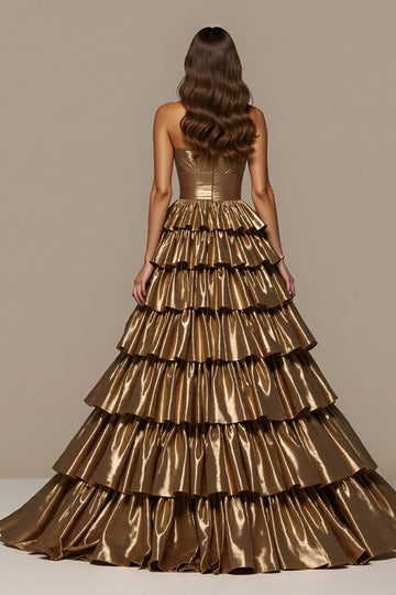 Golden Metallic Ball Gown Strapless Ruffled Long Formal Dress