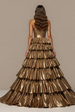 Golden Metallic Ball Gown Strapless Ruffled Long Formal Dress
