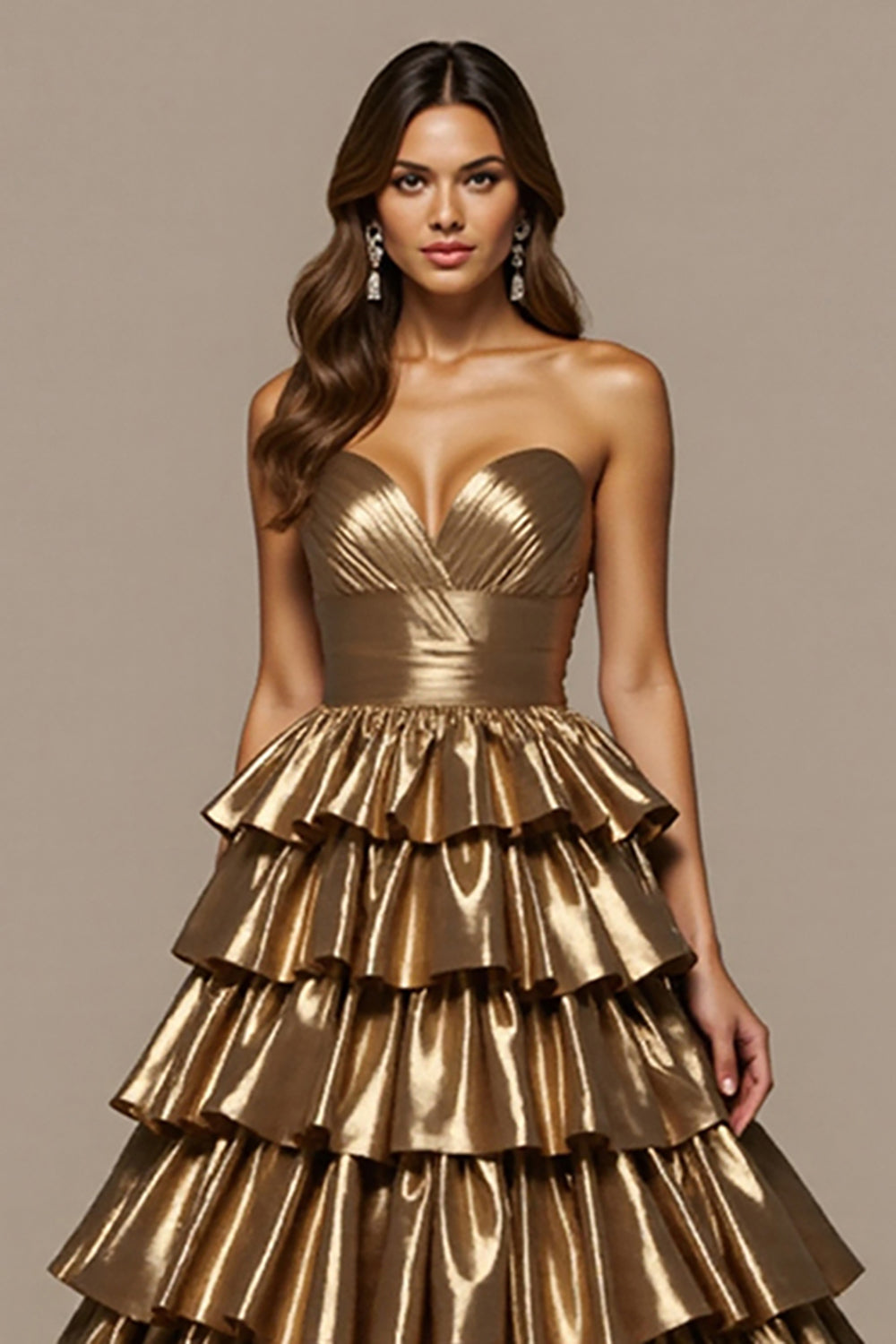 Golden Metallic Ball Gown Strapless Ruffled Long Formal Dress