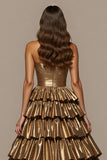 Golden Metallic Ball Gown Strapless Ruffled Long Formal Dress