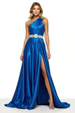 Sparkly  Royal Blue Satin A Line Long Formal Dress with Slit