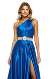 Sparkly  Royal Blue Satin A Line Long Formal Dress with Slit