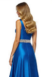 Sparkly  Royal Blue Satin A Line Long Formal Dress with Slit