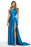Blue A Line One Shoulder Satin Long Formal Dress with Slit