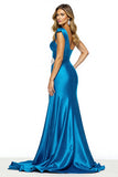 Blue A Line One Shoulder Satin Long Formal Dress with Slit