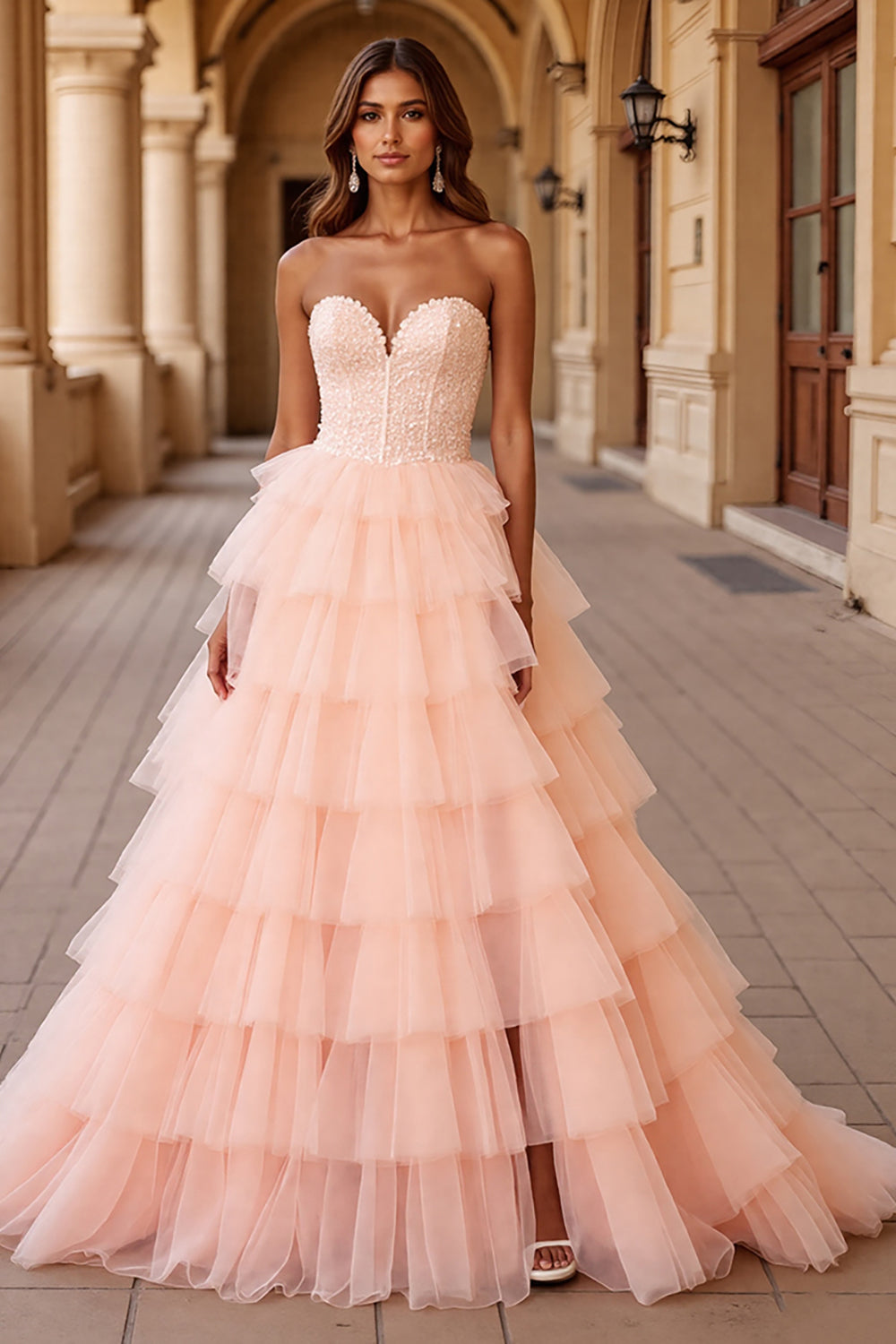 Blush Ball Gown Corset Tulle Ruffled Long Formal  Dress with Lace