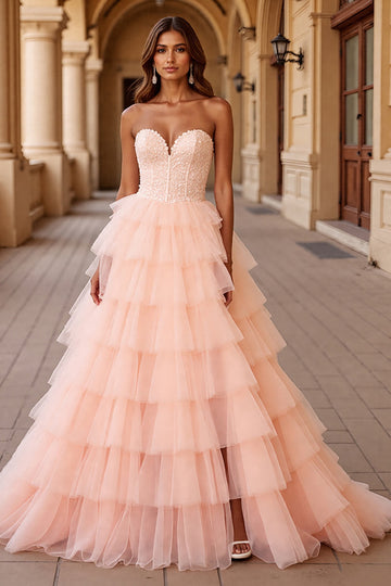 Blush Ball Gown Corset Tulle Ruffled Long Formal  Dress with Lace