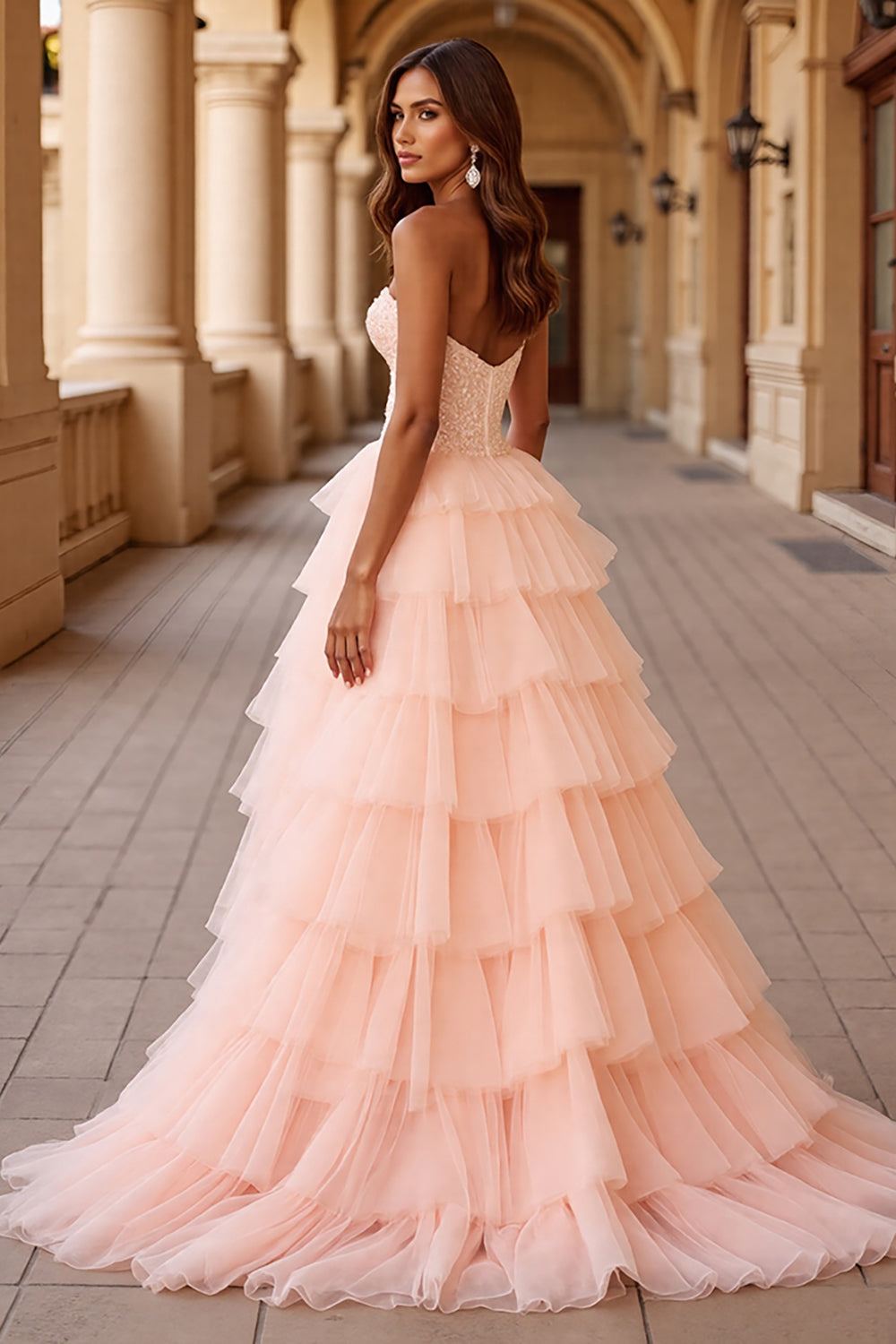 Blush Ball Gown Corset Tulle Ruffled Long Formal  Dress with Lace