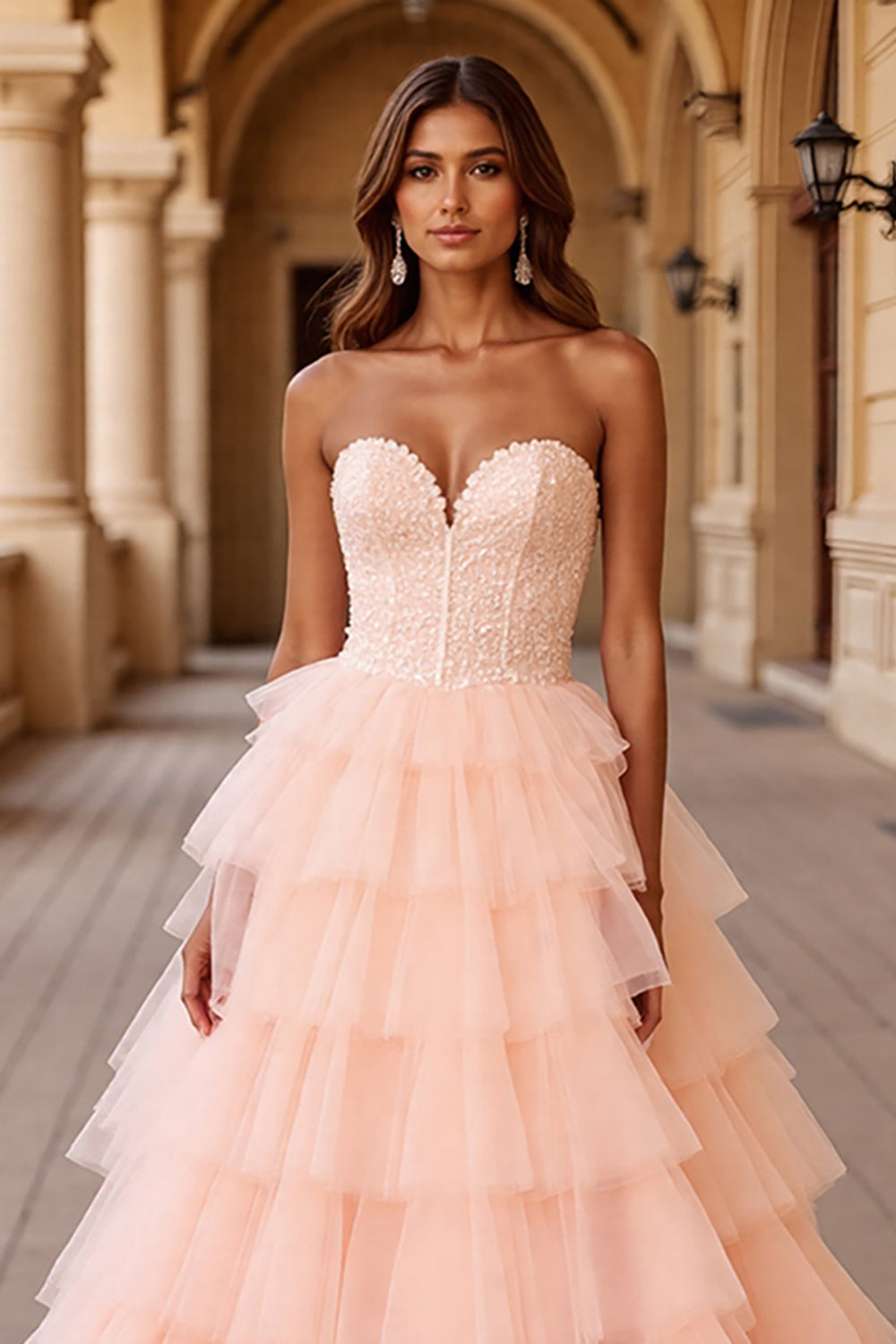 Blush Ball Gown Corset Tulle Ruffled Long Formal  Dress with Lace